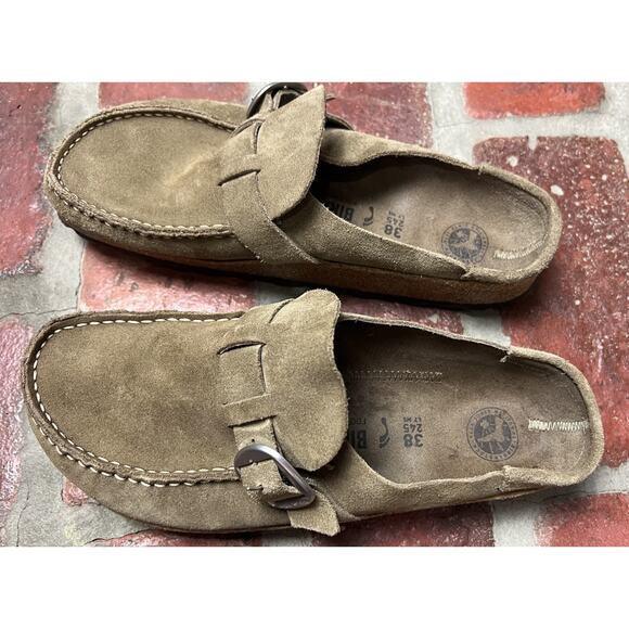 Birkenstock Buckley Suede Tan Clogs Moccasin Buckle Size 38 Narrow - Picture 9 of 14